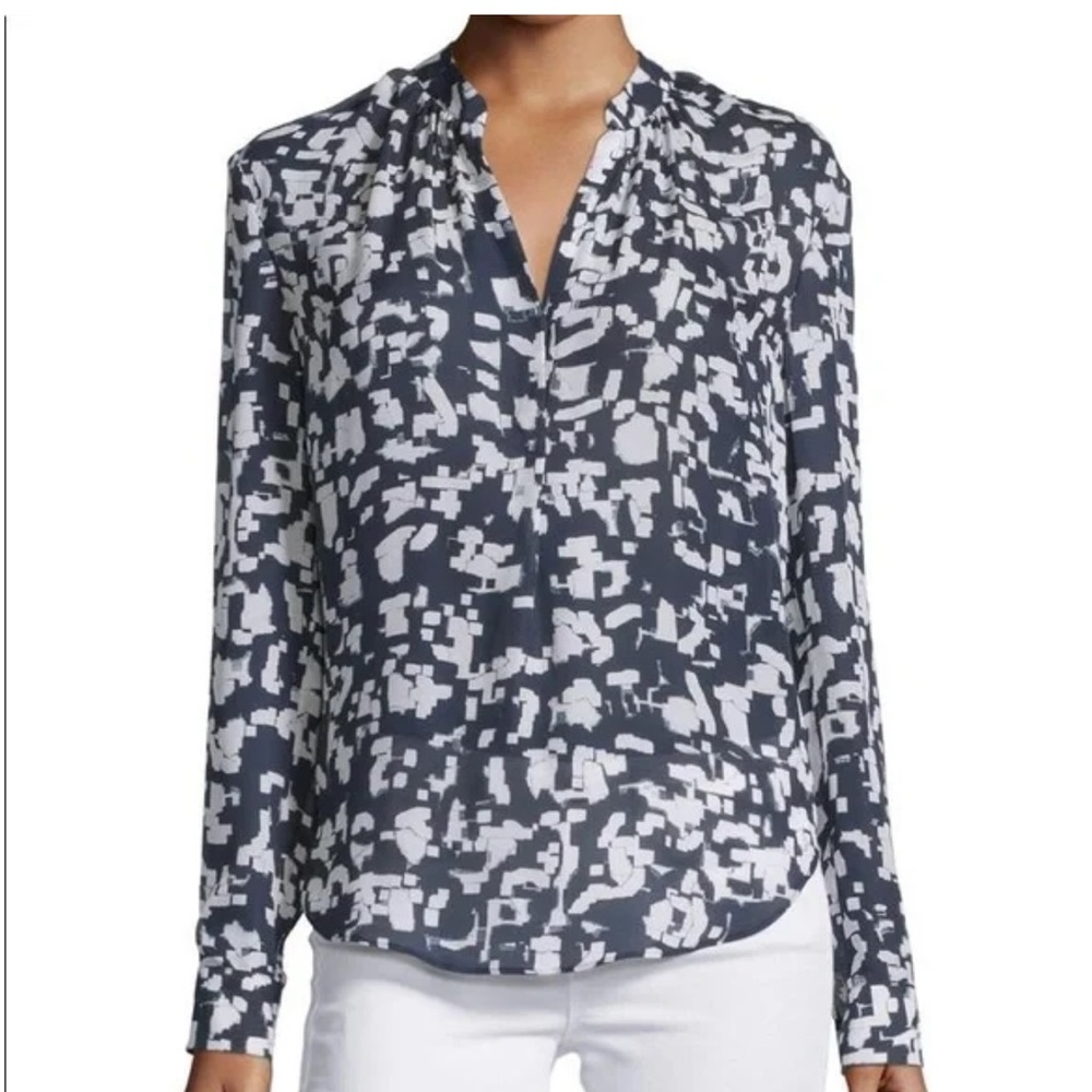 Vince Abstract Navy and White Silk Top